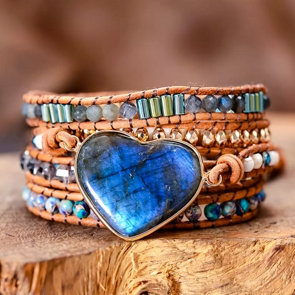 Ladies Handcrafted Leather Gemstone Wrap Bracelet - Picture 1 of 2